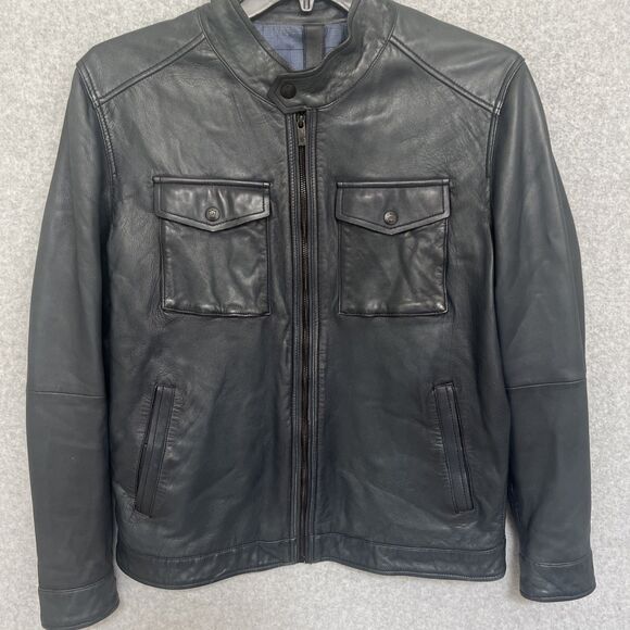 Massimo Dutti Mens Sheepskin Leather Jacket Large Deep Blue Motorcycle Biker - Picture 1 of 16